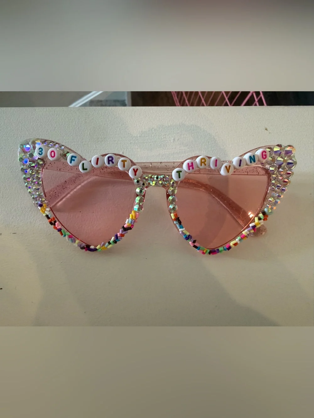 30th Birthday Pink Beaded Heart Sunglasses - '30 Flirty Thriving' Style